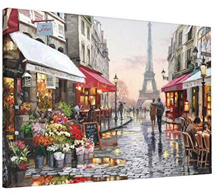 Ölgemälde Paris Street Scene Eiffelturm Leinwand: >> 40,6 x 61 cm, 100 % Baumwolle, mit starker Dehnbarkeit und klarer Textur, Leinwand, rahmenlos, dekoratives Gemälde.