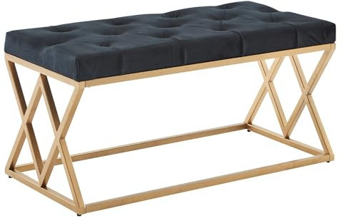 Wohnling Sitzbank Samt Schwarz 90x46x44 cm Flur Polsterbank mit Metallgestell, Bettbank Schlafzimmer Chesterfield Design, Flurbank Garderobenbank Modern