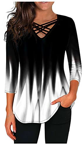 Oberteile Damen Elegant Langarmshirt Pullover Sexy V-Ausschnitt Kreuz Bandgae Oberteile Langarm T Shirt Große Größen Gradient Farbig Lockere Lässiges Longshirt Tunika Top Blusen & Tuniken für Frauen