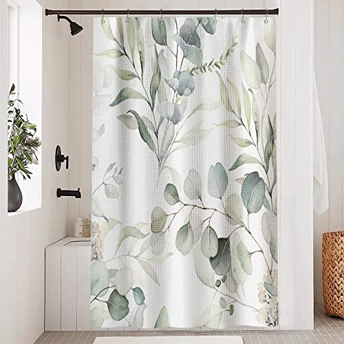 Uiiooazy Duschvorhang Eukalyptus, Duschvorhang Grün Blätter Waffel Duschvorhänge Badewanne Anti Schimmel Wasserdicht Polyester Stoff Waschbar Bad Vorhang mit Metall Haken für Badezimmer 150x180cm