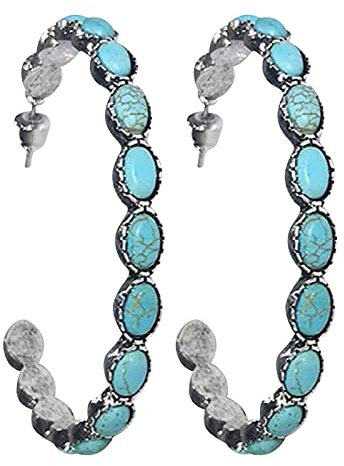 luoluoluo Ohrringe Ohrstecker Damen 925 Sterling Silber Vintage Western Türkis Zirkon Creolen Frauen C-förmige Türkis Ohrring Modeschmuck