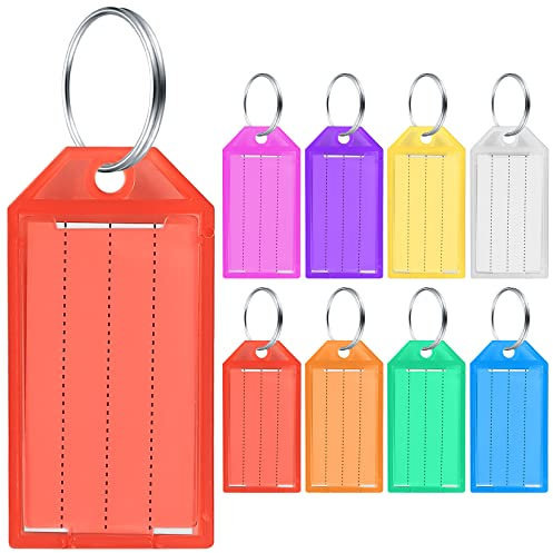 32 Pièces Porte Clef Étiquette Personnalisable, Porte Clés Plastique avec Fenêtre d'Étiquette et Anneau Fendu, pour Identifier Clés, Valises, Sacs, Animaux de Compagnie, 8 Couleurs
