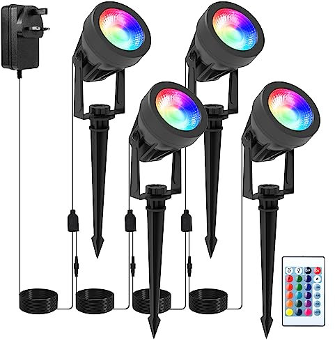 NATPOW RGB Garden Spike Lights, LED Landscape Spotlights with Remote Control, IP65 Waterproof Garden Light Mains Powered for Lawn, Pathway Yard (4-in-1)