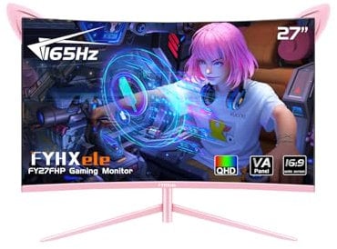 FYHXele Pink Monitor 27 Zoll 2K 165Hz Gaming Monitor QHD (2560 x 1440P) 1800R Curved Monitor 1ms VA 16:9 Bildschirm integrierte Lautsprecher AMD Free-Sync Premium HDMI DP USB VESA Halterung