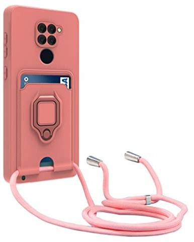 Dllatui Funda Compatible con Xiaomi Redmi Note 9,Cuello Cordón Carcasa Silicona Suave,Ranura con Tarjetas,Carcasa Cubierta Anillo Soporte (Pink)