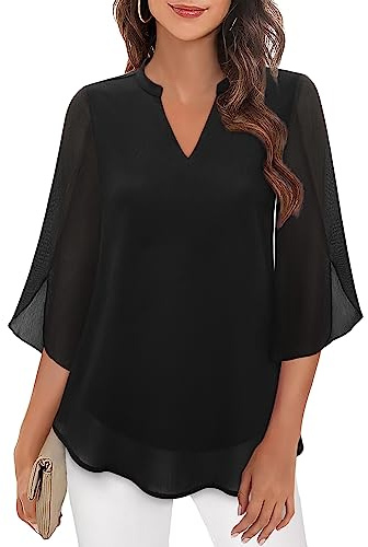 Bebonnie Womens Blouses and Tops Dressy,3/4 Ruffle Sleeve Casual Business Office Attire Interview Polyester V Neck Double Layers Work Dress Shirts Chiffon Tunics Tops for Leggings Black XL