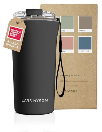 LARS NYSØM Mug Isotherme Cafe to-go avec sangle et couvercle en tritan 500ml | Tasse de voyage 0.5 litre avec isolation | Tasse thermique étanche en acier inoxydable (Carbon Black, 500ml)