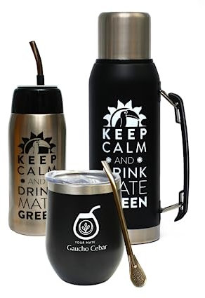 Gaucho Cebar Yerba - Juego de té mate y accesorios completos | Termo de 1 litro negro y Yerbomos 680 ml, acero inoxidable mate taza de té termolid taza 350 ml | pajita de acero bombilla 19 cm