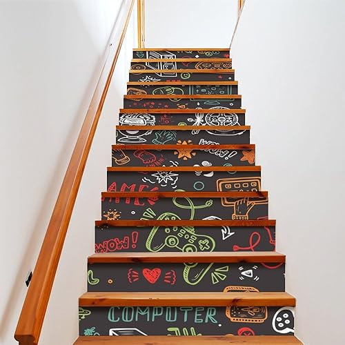 COALHO Spiele Gamepad Treppenerhöhung Dekoration Dekorative Aufkleber Retro Aquarell Regenbogen Bunte Gampad Videospiel Druck Peel and Stick Aufkleber 100 cm x 18 cm x 1 Set