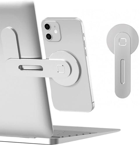 KAINOVAS Adjustable Laptop Stand, Magnetic Phone Holder, Aluminum Slim Computer Monitor Side Mount Clip for iPhone MagSafe Series & All Phones, Portable Foldable Computer Expansion Bracket, Silver