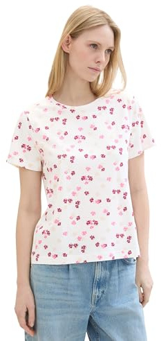 TOM TAILOR Damen Basic T-Shirt mit Print, offwhite pink flower design, XL