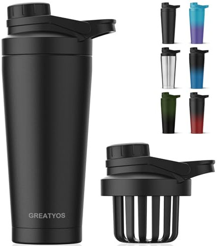 Greatyos Stainless Steel Shaker Bottle with Noise-Free Design - Patented 24 oz Insulated Metal Shakers Bottles Cup for Protein Mixes and Pre Workout 100% Leak Proof (Black)