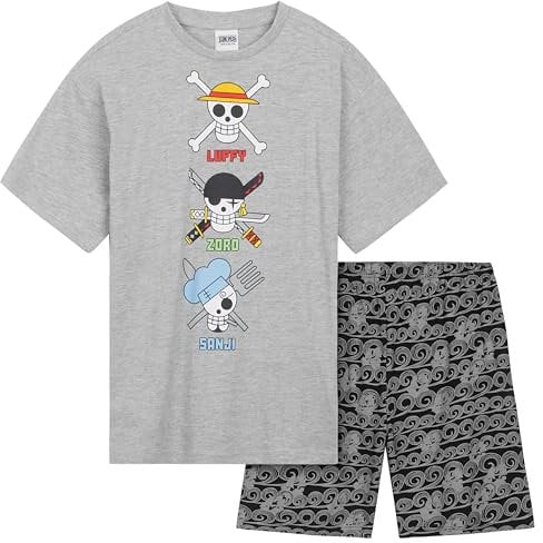 One Piece Kurzer Schlafanzug Jungen, Pyjama Set T-Shirt & Shorts - Anime Merch (Grau/Schwarz, 7-8 Jahre)