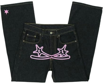 ORANDESIGNE Y2K Jeans Uomo Larghi Pantaloni Cargo Men's Jeans Hip Hop Pantaloni Larghi Denim Pantaloni Pantaloni a Gamba Larga Streetwear O Rosa M