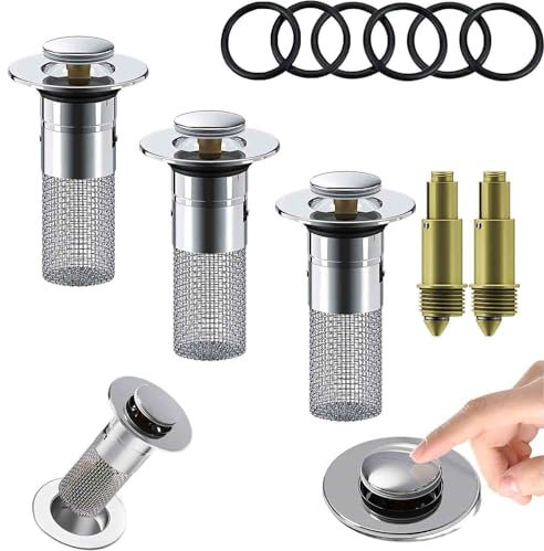 Générique Bonde de lavabo Pop Up Universel, Filtre de vidange en Acier Inoxydable, Bouchon de lavabo Anti-colmatage avec Crépine pour Baignoire, Cuisine, Lavabo (3 pièces -Noyau en Plastique)