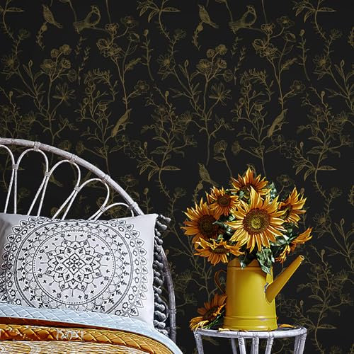 CiCiwind Peel and Stick Wallpaper 44cm×3m Black Gold Floral Contact Paper Self Adhesive Wallpaper Thicken Vinyl Wrap Waterproof Sticky Back Plastic Removable Stick on Wallpaper for Wall Furniture
