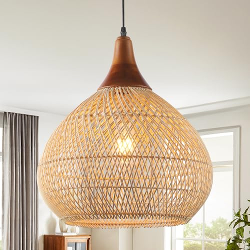 Karjearl Rattan Pendant Light, 15.7 Rattan Chandelier Hand-Woven Boho Pendant Light Fixtures with Solid Wood, Basket Wicker Chandelier for Dining Room Kitchen Island Living Room