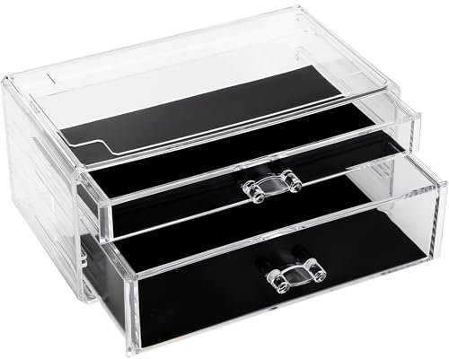 Sea Team Clear Makeup Organizer con Espositore Cosmetico Acrilico e Cassetti - Scatola Portagioie e Supporto per Tavolo da toeletta, Bagno e Piano di Lavoro (1 Grande, 1 Piccolo)
