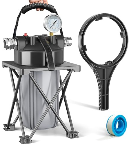 Kintim 6-Layer RV Water Filter with Stand and 0.5 Micron Filtration, 3/4 GHT Metal Threads Garden Hose Water Filter, Reduces Sediments, Chlorine, VOCs, Heavy Metals, Bad Taste, Odor, and More