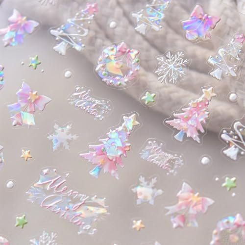 Rosa Weihnachten Nagelsticker Selbstklebend Shiny Aurora Muschel Christmas Tree Nail Sticker Xmas Schneeflocke Stern Kranz Winter Urlaub Nagel Deko Nageldesign Nail Art
