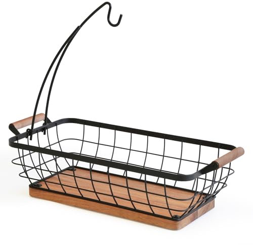 WILDMOS Rectangular Fruit Basket with Banana Hanger,Metal Wire Fruits Bowl with Wooden Base,Kitchen Table Organizer,Black Fruit Bowl for Kitchen Counter,Vegetable Bowls for Fruits, Veggies, Snacks.