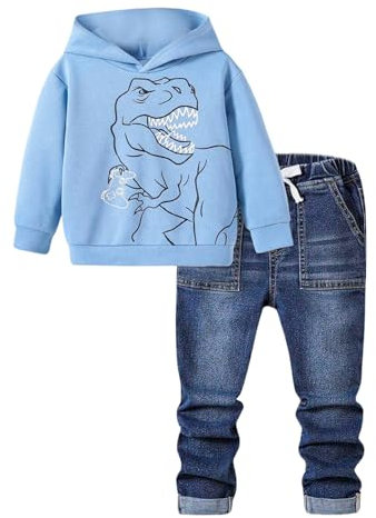 Vuncio Ensemble Hiver Garçon 1-7 Ans Vêtements Enfants Garçons Pantalon Jeans Et Haut Sweat a Capuche Dinosaure Mignon Animal Dessin Fashion Casual Sport Jogging Vacances (Bleu, 3-4 ans)