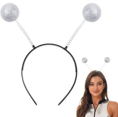 Alien Haarreif mit 2 schwingenden Kugeln Glitzer Karneval Halloween Kopfschmuck Alien Haarband Fasching Accessoire Party Kostüm für Kinder Damen Haarschmuck Stirnband (Silberig)