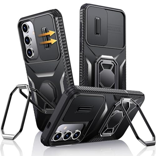XYZ Cover per Samsung Galaxy S24 con Cover Scorrevole per Fotocamera, Custodia per Telefono con Doppio Anello, Custodia Protettiva Antiurto Robusta e Resistente per Tutto Il Corpo - Nero