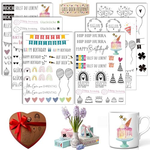 Rub On Sticker Geburtstag, 6 Stück A5 Rub On Aufkleber, Rub On Folie Transferaufkleber, Rub On Happy Birthday, für Möbel, Glas, Holz, Scrapbooking, DIY Basteln Deko (Geburtstag)