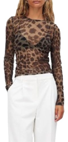 Women Sheer Leopard Print Tops Slim Fitted Long Sleeve See Through Mesh Shirts Going Out Streetwear