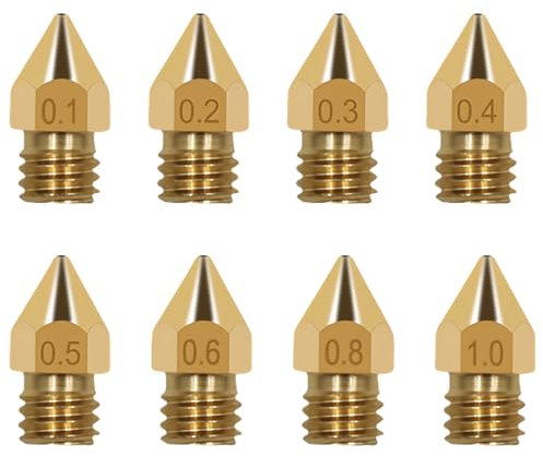 Set mit 32 3D-Drucker Messing Düsen für Serie Ender, 4 Düsen von 0,1 mm, 0,2 mm, 0,3 mm, 0,4 mm, 0,5 mm, 0,6 mm, 0,8 mm, 1,0 mm, 3D-Druckerdüsen für Ender 3 V2, Ender 5 Plus, Ender 6 CR-10-Serie