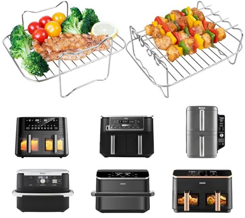 ENSINE Heißluftfritteuse Zubehör – 2 Große Airfryer Grillrost Mit 4 Spießen, Passend Für Ninja AF500EU/AF451EU/AF400EU/SL400EU, COSORI Twinfry 10L/Dual Zone 8.5L, Cookwise, Russell Hobbs 9L