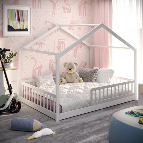 CADANI Malte Hausbett 140x200 cm Weiß, Montessori Bodenbett, Rausfallschutz abnehmbar, Kinderbett Umbaubar inkl. Roll-Lattenrost, bis 200 kg belastbar