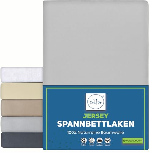 Cozita Basics Spannbettlaken 180x200cm - 100% Baumwoll Jersey Bettlaken, Öko-Tex Zertifiziert, bis 25 cm Matratzenhöhe – Silber