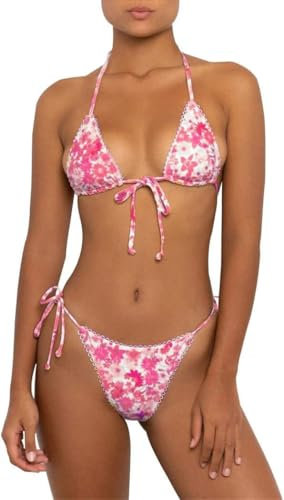 Aretas Bikini da donna a triangolo, costume da bagno in due pezzi, regolabile, sexy, con allacciatura laterale, Motivo stampato rosa, M