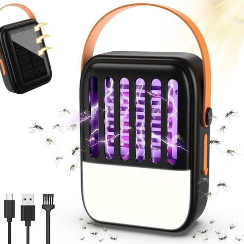 Lampara Antimosquitos Exterior, 2 en 1 Antimosquitos Solar Luz LED con Batería de 1200mAh USB Recargable Lampara Mata Mosquitos con Luz LED, Antimosquitos para Jardín Interior Exterior, Negro