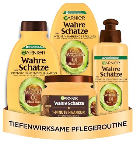 Garnier Wahre Schätze Kit de soin avec shampooing, après-shampoing, masque et sans rinçage à l'huile d'avocat et au beurre de karité pour cheveux très secs, ondulés, bouclés et épais, convient à tous