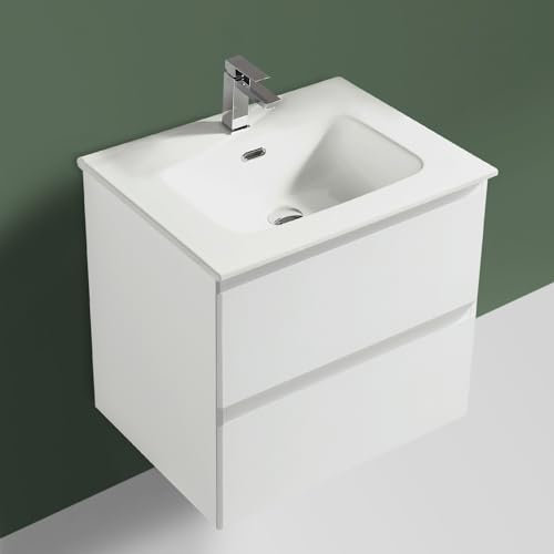 Alpenberger Waschbecken mit Unterschrank 60 cm Breit | Waschtisch für Gäste WC und Badezimmer | Waschbeckenunterschrank Weiß mit Schubladen | Badmöbel Hängend & Keramik Aufsatzwaschbecken