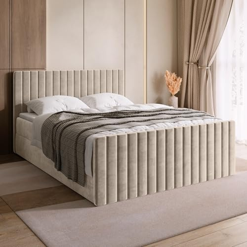 BROMARKT Boxspringbett 160x200 mit Bettkasten Topper Härte H3 Beige | Doppelbett mit Bonellmatratze gepolsterte Kopfstütze Fußteil Polsterbett Bett Bed Jugendbett Einzelbett hinterteil DREAM DUO