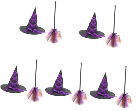 Healeved 5 Sätze Halloween Hexenhut und Besen Set Teiliges Kostümzubehör für Mottopartys Langlebig und Dekorativ für Fotos und Feiern