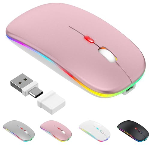 Azmall Kabellose Maus mit Jiggler-Modus – Bluetooth 5.2 & 2.4G Funk, für Laptop, PC, iOS, Android, iPad & Windows, 7-farbige LED & 1600 DPI optisch (Jiggler Modus, Roségold)