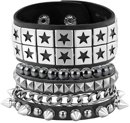JJDreams Punk Lederarmband Schwarz Gothic Armreif mit Kette Rock Armband Set Biker Armband für Damen