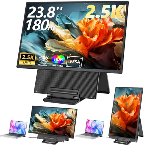 PIPOPAD 23.8 Monitor, 2.5K Portable Monitor mit 180Hz, 2560x1440P, Höhenverstellbarer Ständer, USB-C/Type-C/USB-A/HDMI Screen Extender für Laptop/Mac/PC/Windows