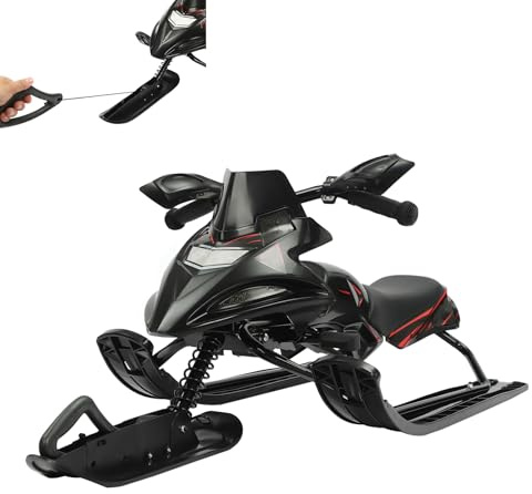 Lenkschlitten mit 2 Fußbremsen, Schlitten mit Automatisches Zugseil & Lenkrad & Stoßdämpfer für Kinder und Erwachsene, Max. Belastung 80 kg, Kinderschlitten Skibob Kufenschlitten (Schwarz)