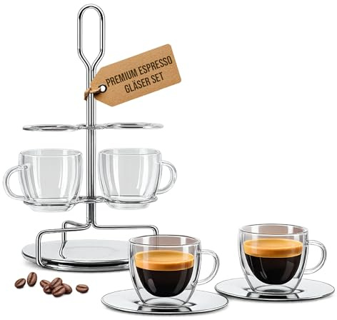Tom Hugh Doppelwandige Espresso-Gläser mit Ständer, 80 ml, Espresso-Set, Schwebe-Effekt, Thermogläser, hitzebeständige Espresso-Gläser mit Edelstahl-Untersetzern