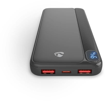 Nedis 10000mAh Power Bank, 20W PD Fast Charge Tragbares Ladegerät mit LED-Display, Ultra-Slim Design, 3 USB-Ausgänge, 2x USB-A & 1x USB-C - Schwarz