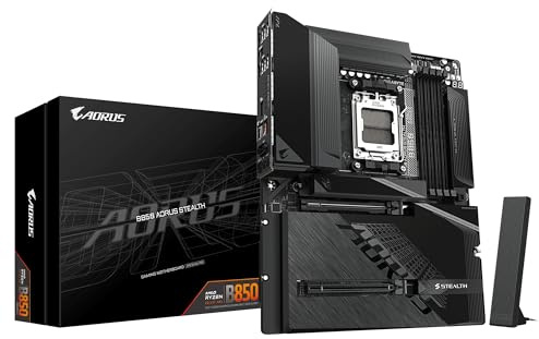 GIGABYTE B850 AORUS Stealth Mainboard – AMD Ryzen 9000 Series CPUs, digitales 14+2+2-Phasen-VRM, bis zu 8200 MHz DDR5 (O.C.), 2× PCIe-5.0-M.2 + 2× PCIe-4.0-M.2, Wi-Fi 7, 5-GbE-LAN, USB 3.2 Gen 2