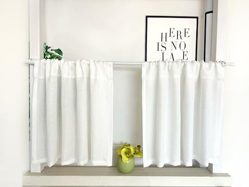 Daliena Scheibengardinen 2er Set Leinenoptik Stangendurchzug BxH 70x75cm | Kurzgardine Lichtdurchlässig Blickdicht, Bistrogardine Modern Küche Kleine Fenstergardinen Weiß 2 Stück