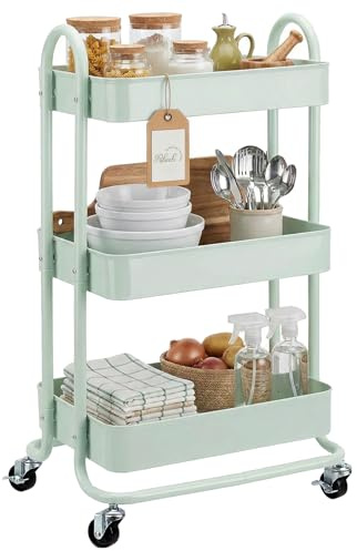 Ribech Carrito 3 Niveles Verde Menta – Carrito Multifunción de Metal con 4 Ruedas & 2 Frenos, Asas, para Cocina, Baño, Oficina
