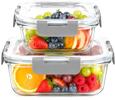 OFFASST Tupper Cristal Hermético 2 Piezas Cuadradas (1200ml+520ml) – Tapers de Vidrio para Meal Prep, Fiambrera con Tapa, Apto Microondas y Lavavajillas, Sin BPA | Envase de Alimentos